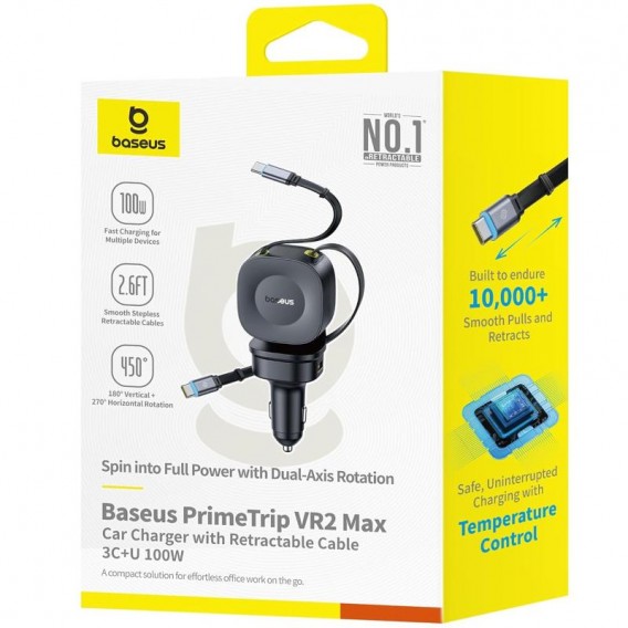 АЗП Baseus PrimeTrip VR2 Max PD100W+QC3.0 with retractable cable (1USB-A/3C) (C02066) Cosmic Black АЗП Baseus PrimeTrip VR2 Max PD100W+QC3.0 with retractable cable (1USB-A/3C) (C02066) Cosmic Black