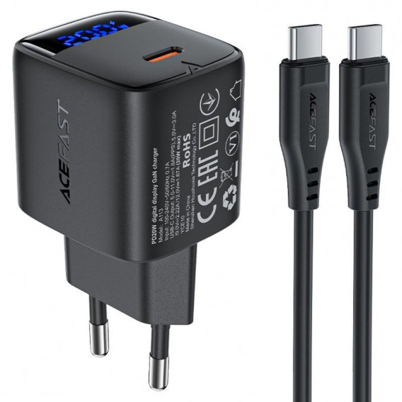 МЗП Acefast A113 PD20W GaN (1USB-C) + кабель Type-C to Type-C Black