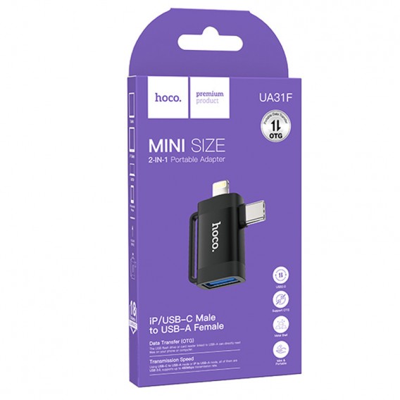 Перехідник Hoco UA31F OTG 2in1 Lightning male/Type-C male to USB female Black Перехідник Hoco UA31F OTG 2in1 Lightning male/Type-C male to USB female Black