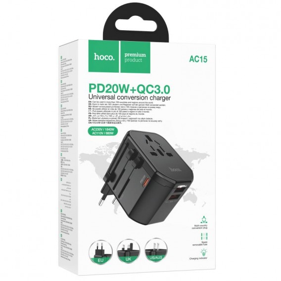 Мережевий універсальний перехідник Hoco AC15 Walker PD20W+QC3.0 (2USB-A/1C) (EU) Black Мережевий універсальний перехідник Hoco AC15 Walker PD20W+QC3.0 (2USB-A/1C) (EU) Black