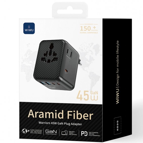 Мережевий універсальний перехідник WIWU UA010 Warrior GaN 45W + 2USB-A/3C Black Мережевий універсальний перехідник WIWU UA010 Warrior GaN 45W + 2USB-A/3C Black