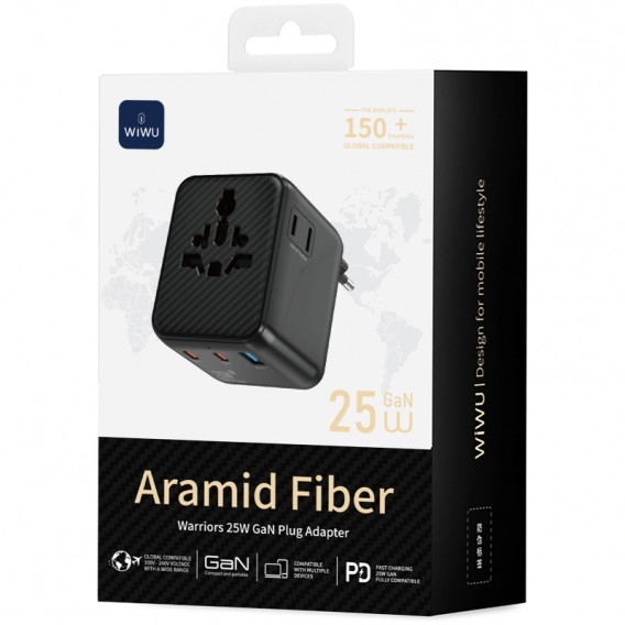 Мережевий універсальний перехідник WIWU UA011 Warrior GaN 25W + 1USB-A/2C Black