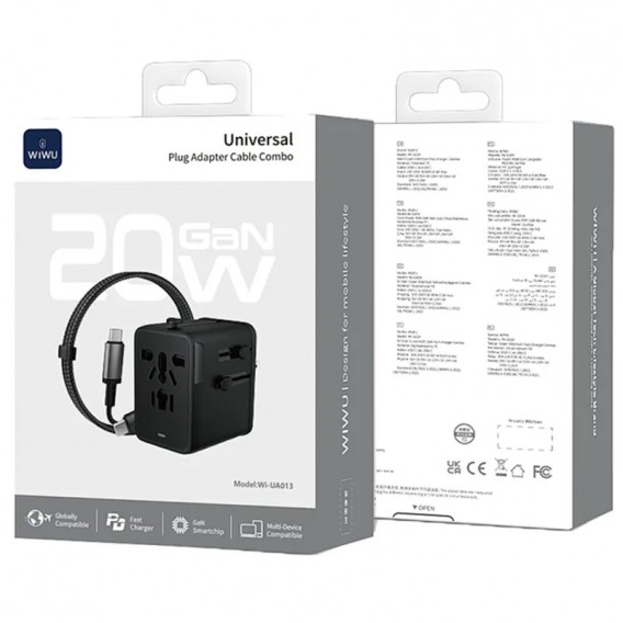 Мережевий універсальний перехідник WIWU UA013 20W GaN + 1USB-A/2C with retractable cable Type-C Black Мережевий універсальний перехідник WIWU UA013 20W GaN + 1USB-A/2C with retractable cable Type-C Black