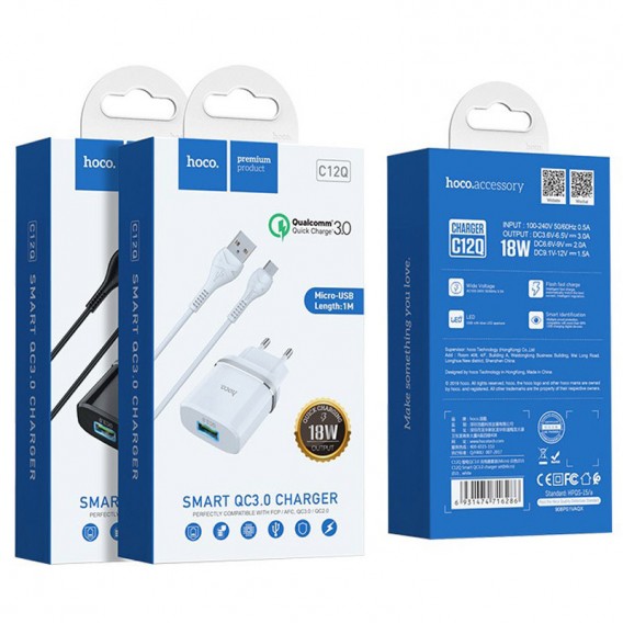 МЗП Hoco C12Q Smart QC3.0 18W (1USB-A) + кабель USB to MicroUSB Чорний