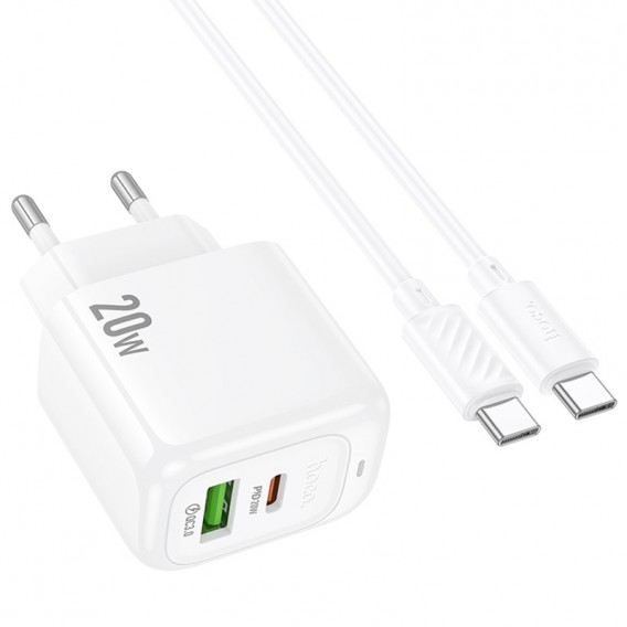 МЗП Hoco CS54A Surplus PD20W+QC3.0 (1USB-A/1C) + кабель Type-C to Type-C White