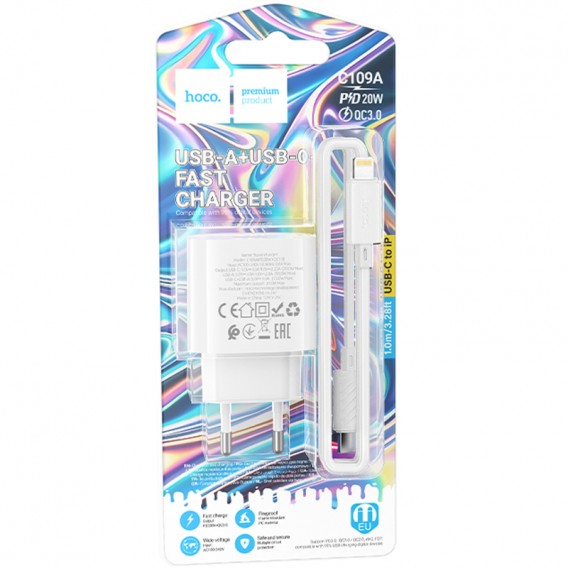 МЗП Hoco C109A Fighter PD20W+QC3.0 (1USB-A/1C) + кабель Type-C to Lightning White