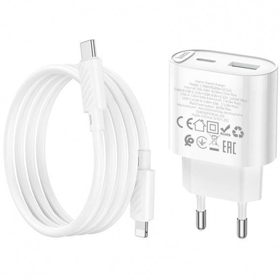 МЗП Hoco C109A Fighter PD20W+QC3.0 (1USB-A/1C) + кабель Type-C to Lightning White