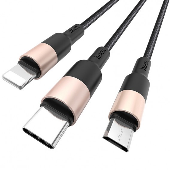 Дата кабель Hoco X26 Xpress 3in1 USB to Lightning/Type-C/MicroUSB 2A (1.2m) Чорний / Золотий