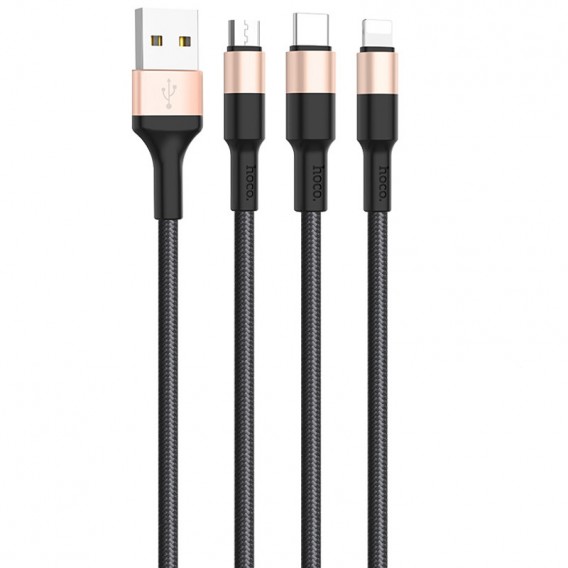 Дата кабель Hoco X26 Xpress 3in1 USB to Lightning/Type-C/MicroUSB 2A (1.2m) Чорний / Золотий