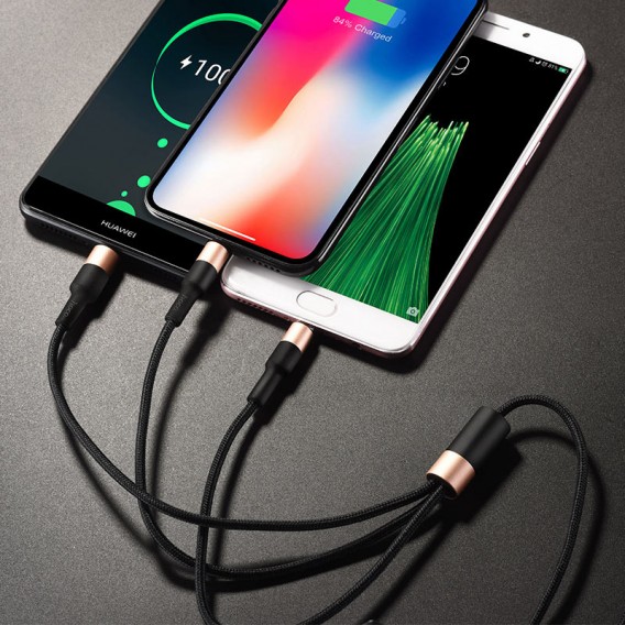 Дата кабель Hoco X26 Xpress 3in1 USB to Lightning/Type-C/MicroUSB 2A (1.2m) Чорний / Золотий