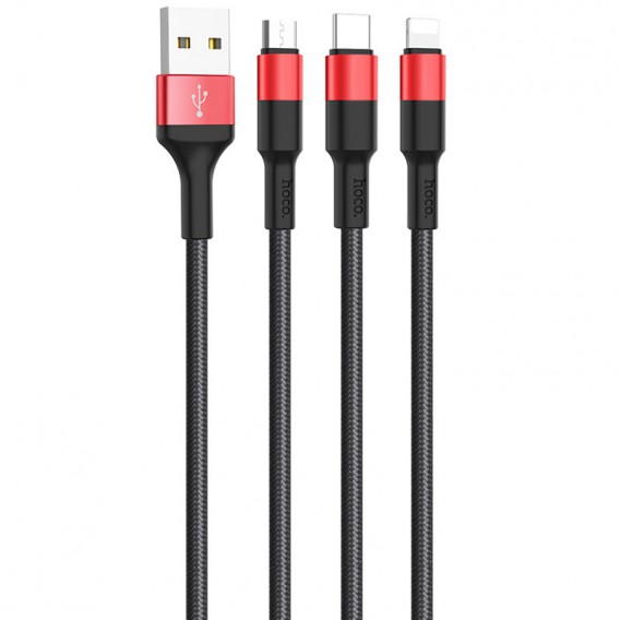 Дата кабель Hoco X26 Xpress 3in1 USB to Lightning/Type-C/MicroUSB 2A (1.2m) Чорний / Червоний Дата кабель Hoco X26 Xpress 3in1 USB to Lightning/Type-C/MicroUSB 2A (1.2m) Чорний / Червоний