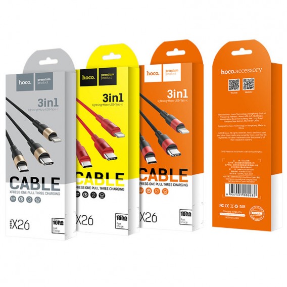 Дата кабель Hoco X26 Xpress 3in1 USB to Lightning/Type-C/MicroUSB 2A (1.2m) Чорний / Червоний Дата кабель Hoco X26 Xpress 3in1 USB to Lightning/Type-C/MicroUSB 2A (1.2m) Чорний / Червоний