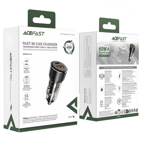 АЗП Acefast B12 PD30W+QC3.0 total 60W (1USB-A/1C) Black АЗП Acefast B12 PD30W+QC3.0 total 60W (1USB-A/1C) Black