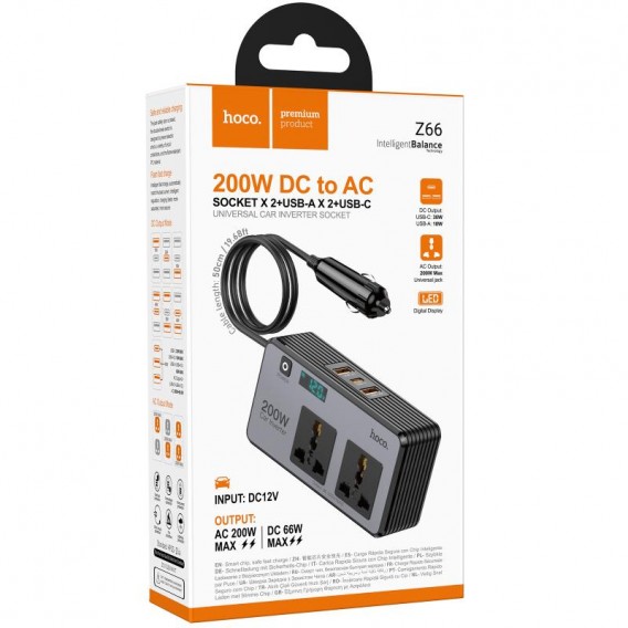 АЗП інвертор Hoco Z66 New PD66W+QC3.0 (2USB-A/1C/2xSocket) (0.5m) Black АЗП інвертор Hoco Z66 New PD66W+QC3.0 (2USB-A/1C/2xSocket) (0.5m) Black
