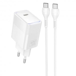 МЗП Hoco CS113A Lounge PD40W (1USB-C) + кабель Type-C to Type-C White