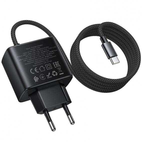 МЗП Hoco C164A New PD30W+QC3.0 (1USB-A/1C) + встроенный кабель Type-C Black МЗП Hoco C164A New PD30W+QC3.0 (1USB-A/1C) + встроенный кабель Type-C Black