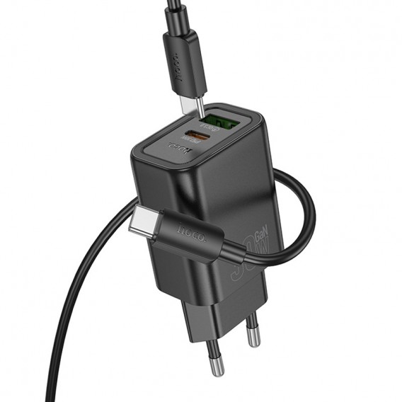 МЗП Hoco N63 Gentle PD30W+QC3.0 (1USB-A/1C) + кабель Type-C to Type-C Black МЗП Hoco N63 Gentle PD30W+QC3.0 (1USB-A/1C) + кабель Type-C to Type-C Black