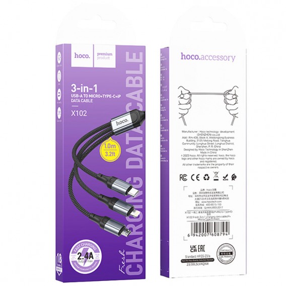 Дата кабель Hoco X102 Fresh 3in1 USB to Lightning + MicroUSB + Type-C (1m) Black Дата кабель Hoco X102 Fresh 3in1 USB to Lightning + MicroUSB + Type-C (1m) Black