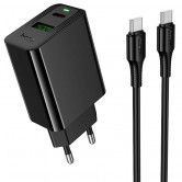 Мережевий зарядний пристрій Hoco CS95A Leader GaN 30 W, USB-C + USB-A, з кабелем USB-C - USB-C 1 m, чорний