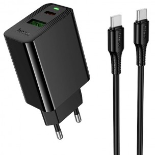 Мережевий зарядний пристрій Hoco CS95A Leader GaN 30 W, USB-C + USB-A, з кабелем USB-C - USB-C 1 m, чорний Мережевий зарядний пристрій Hoco CS95A Leader GaN 30 W, USB-C + USB-A, з кабелем USB-C - USB-C 1 m, чорний