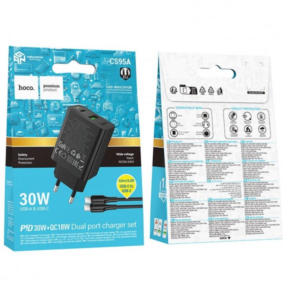 МЗП Hoco CS95A Leader PD30W+QC3.0 (1USB-A/1C) + кабель Type-C to Type-C Black МЗП Hoco CS95A Leader PD30W+QC3.0 (1USB-A/1C) + кабель Type-C to Type-C Black