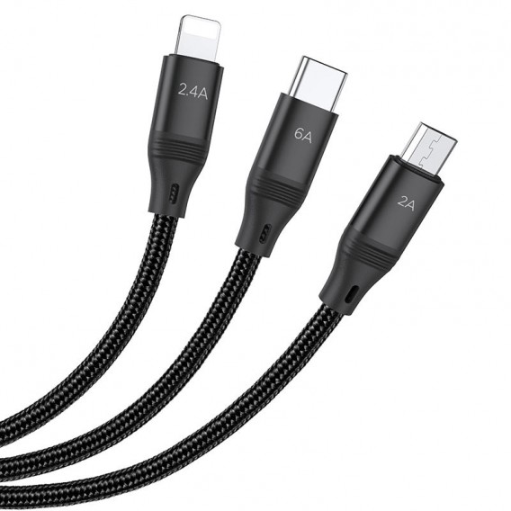 Дата кабель Hoco U104 Ultra 3in1 USB to Lightning/Type-C/MicroUSB 66W (1.2m) Чорний Дата кабель Hoco U104 Ultra 3in1 USB to Lightning/Type-C/MicroUSB 66W (1.2m) Чорний