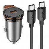 Автомобільний зарядний пристрій Hoco NZ16 Rigorous 30 W, USB-C, з кабелем USB-C - USB-C 1 m, сірий металік