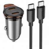 Автомобільний зарядний пристрій Hoco NZ16B Rigorous 45 W, 2 x USB-C, з кабелем USB-C - USB-C 1 m, сірий металік