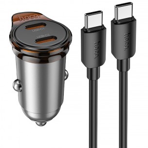 Автомобільний зарядний пристрій Hoco NZ16B Rigorous 45 W, 2 x USB-C, з кабелем USB-C - USB-C 1 m, сірий металік