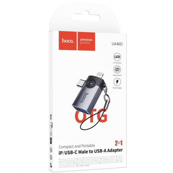 Перехідник Hoco UA46D OTG 2in1 Lightning male/Type-C male to USB female Metal gray Перехідник Hoco UA46D OTG 2in1 Lightning male/Type-C male to USB female Metal gray