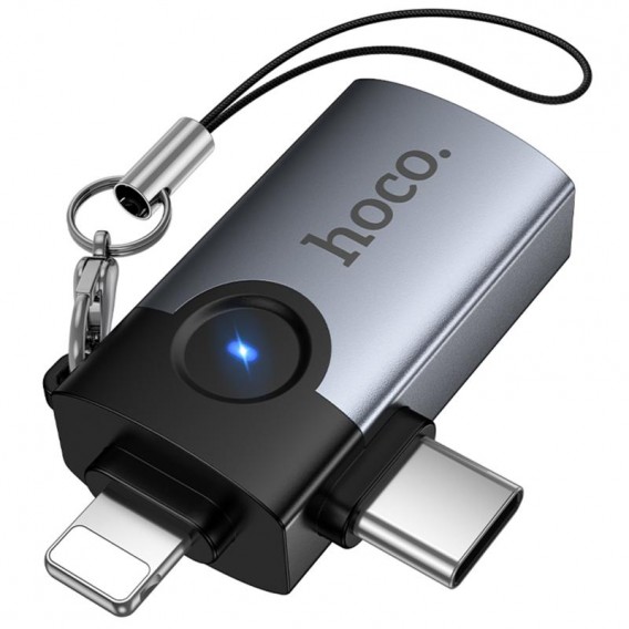 Перехідник Hoco UA46D OTG 2in1 Lightning male/Type-C male to USB female Metal gray Перехідник Hoco UA46D OTG 2in1 Lightning male/Type-C male to USB female Metal gray