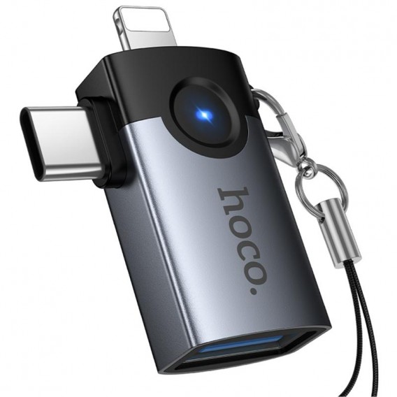 Перехідник Hoco UA46D OTG 2in1 Lightning male/Type-C male to USB female Metal gray Перехідник Hoco UA46D OTG 2in1 Lightning male/Type-C male to USB female Metal gray