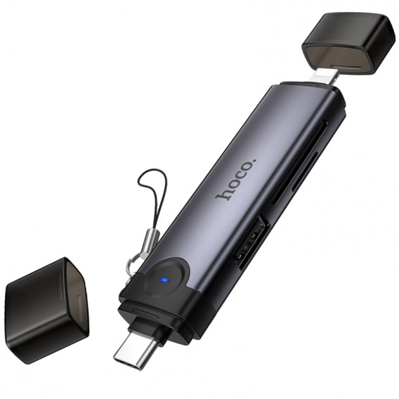 Картридер Hoco HB56B Victory 5in1 Type-C/Lightning to SD/TF3.0 + USB 2.0 Metal gray