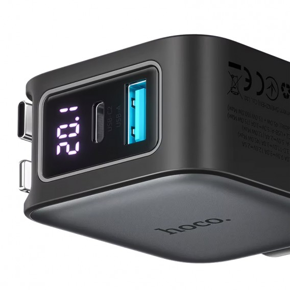 АЗП Hoco Z67A Triunfar PD45W+QC3.0 total 60W with retractable cables (1USB-A/2C/1L) Metal gray
