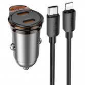 Автомобільний зарядний пристрій Hoco NZ16B Rigorous 45 W, 2 x USB-C, з кабелем USB-C - Lightning 1 m, сірий металік Автомобільний зарядний пристрій Hoco NZ16B Rigorous 45 W, 2 x USB-C, з кабелем USB-C - Lightning 1 m, сірий металік
