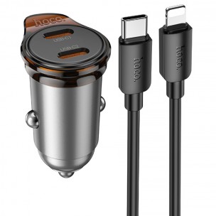Автомобільний зарядний пристрій Hoco NZ16B Rigorous 45 W, 2 x USB-C, з кабелем USB-C - Lightning 1 m, сірий металік Автомобільний зарядний пристрій Hoco NZ16B Rigorous 45 W, 2 x USB-C, з кабелем USB-C - Lightning 1 m, сірий металік
