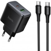 Мережевий зарядний пристрій Hoco C158A Upgrade GaN 45 W, USB-C + USB-A, з кабелем USB-C - USB-C, чорний Мережевий зарядний пристрій Hoco C158A Upgrade GaN 45 W, USB-C + USB-A, з кабелем USB-C - USB-C, чорний