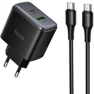 Мережевий зарядний пристрій Hoco C158A Upgrade GaN 45 W, USB-C + USB-A, з кабелем USB-C - USB-C, чорний