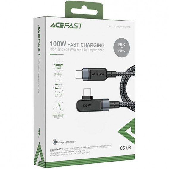 Дата кабель Acefast C5-03 USB-C to USB-C 100W right angled aluminum alloy (2m) Black - зображення 3 Дата кабель Acefast C5-03 USB-C to USB-C 100W right angled aluminum alloy (2m) Black - зображення 3