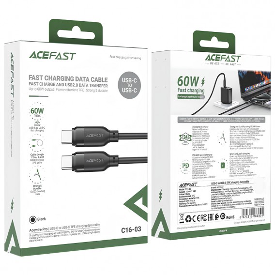 Дата кабель Acefast C16-03 Type-C to Type-C 60W (1.2m) Black - зображення 4 Дата кабель Acefast C16-03 Type-C to Type-C 60W (1.2m) Black - зображення 4