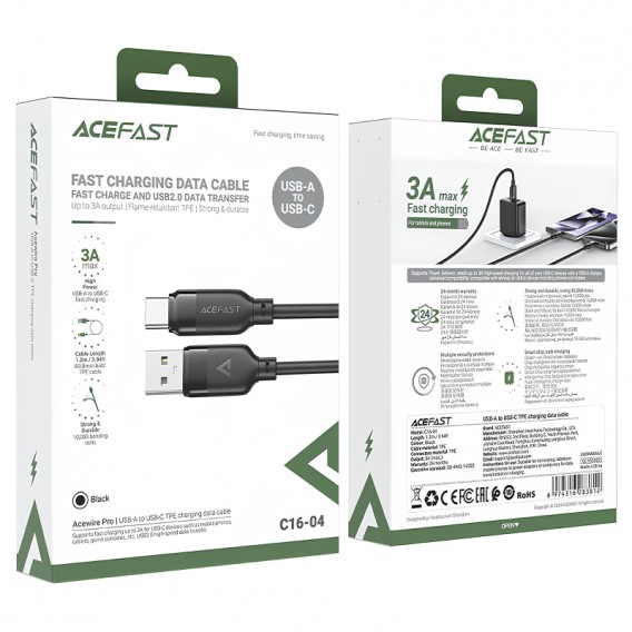 Дата кабель Acefast C16-04 USB to Type-C 3A (1.2m) Black - зображення 4 Дата кабель Acefast C16-04 USB to Type-C 3A (1.2m) Black - зображення 4