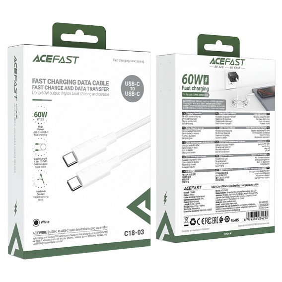 Дата кабель Acefast C18-03 Type-C to Type-C 60W (1.2m) White - зображення 4 