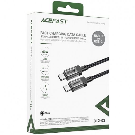 Дата кабель Acefast C12-03 Type-C to Type-C 60W (1.2m) Black - зображення 4 Дата кабель Acefast C12-03 Type-C to Type-C 60W (1.2m) Black - зображення 4
