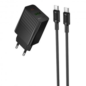Мережевий зарядний пристрій Borofone BAS76A Source 30 Вт, USB-C + USB-A з кабелем USB-C - USB-C, чорний Мережевий зарядний пристрій Borofone BAS76A Source 30 Вт, USB-C + USB-A з кабелем USB-C - USB-C, чорний