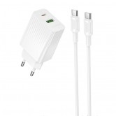 Мережевий зарядний пристрій Borofone BAS76A Source 30 Вт, USB-C + USB-A з кабелем USB-C - USB-C, білий Мережевий зарядний пристрій Borofone BAS76A Source 30 Вт, USB-C + USB-A з кабелем USB-C - USB-C, білий