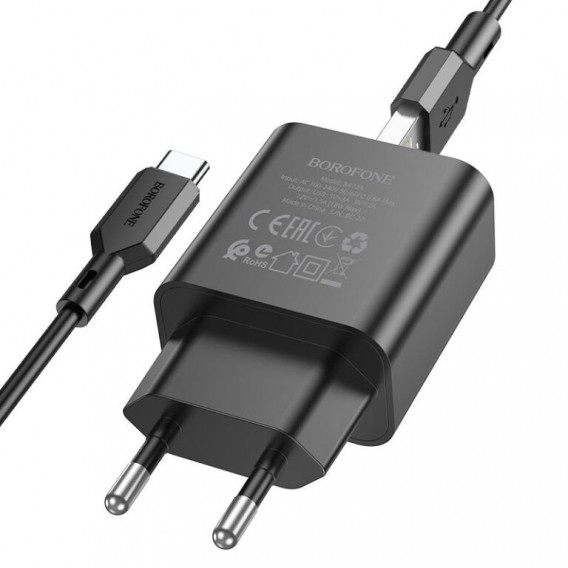 Мережевий зарядний пристрій Borofone BA72A Spring 18 Вт QC3.0, USB-A, з кабелем USB-A - USB-C, Чорний / Black Мережевий зарядний пристрій Borofone BA72A Spring 18 Вт QC3.0, USB-A, з кабелем USB-A - USB-C, Чорний / Black