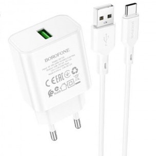Мережевий зарядний пристрій Borofone BA72A Spring 18 Вт QC3.0, USB-A, з кабелем USB-A - USB-C, Білий / White