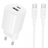 Мережевий зарядний пристрій Borofone BA104A Pudding 20 Вт, USB-C + USB-A, з кабелем USB-C - USB-C 1 м, білий Мережевий зарядний пристрій Borofone BA104A Pudding 20 Вт, USB-C + USB-A, з кабелем USB-C - USB-C 1 м, білий