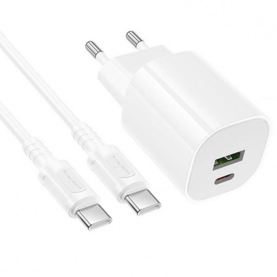 МЗП Borofone BA104A Pudding PD20W+QC3.0 (1USB-A/1C) + кабель Type-C to Type-C White МЗП Borofone BA104A Pudding PD20W+QC3.0 (1USB-A/1C) + кабель Type-C to Type-C White