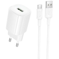Мережевий зарядний пристрій Borofone BA102A Pudding QC3.0, USB-A, з кабелем USB-A - USB-C, білий
